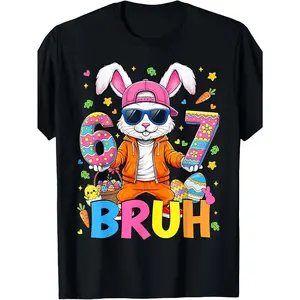 67 Bruh Easter Day Six Seven Rabbit Rabbit Face Easter Egg T-Shirt Comfortable Cotton T-Shirt for Boys and Girls All-Day Wear Sizes 80-160