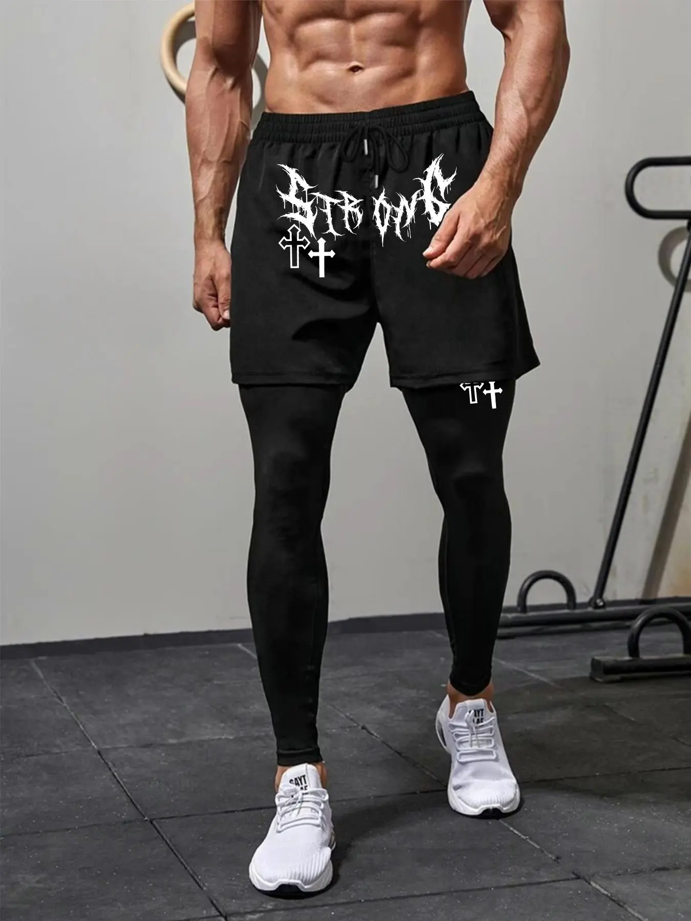 Men's Regular Fit Fashion Cross, Letter & Graphic Print 2 in 1 Drawstring Waist Fabric Pants, Casual Pocket Design Pants for Fall & Winter, Men's Trousers for Daily Wear