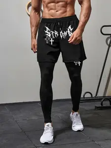 Men's Regular Fit Fashion Cross, Letter & Graphic Print 2 in 1 Drawstring Waist Pants, Casual Pocket Design Pants for Fall & Winter, Men's Trousers for Daily Wear