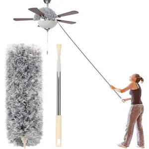 Microfiber Duster with Extension Pole(Stainless Steel) 30 to 100'', with Bendable Head, Extendable Long Duster For Cleaning Ceiling Fan,High Ceiling,Keyboard,Furniture,Cars