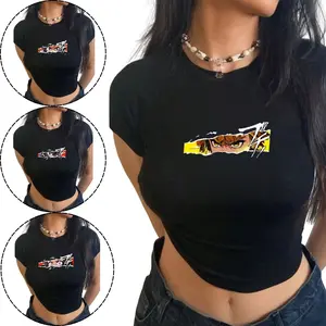 Anime Eyes Graphic Baby Tee - Y2K Aesthetic Gothic Streetwear Top, Trendy Black Crop T-Shirt for Women