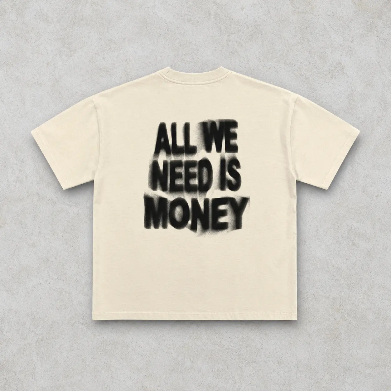 A-All We Need Is Money Airbrush Graphic T-Shirt | Premium Heavyweight Cotton Oversized Streetwear Tee | Cream Off-White Boxy Fit Retro Shirt | Urban Aesthetic High Quality Apparel | Graffiti Style Back Print | Drop Shoulder Top | Streetwear Luxe | Unisex