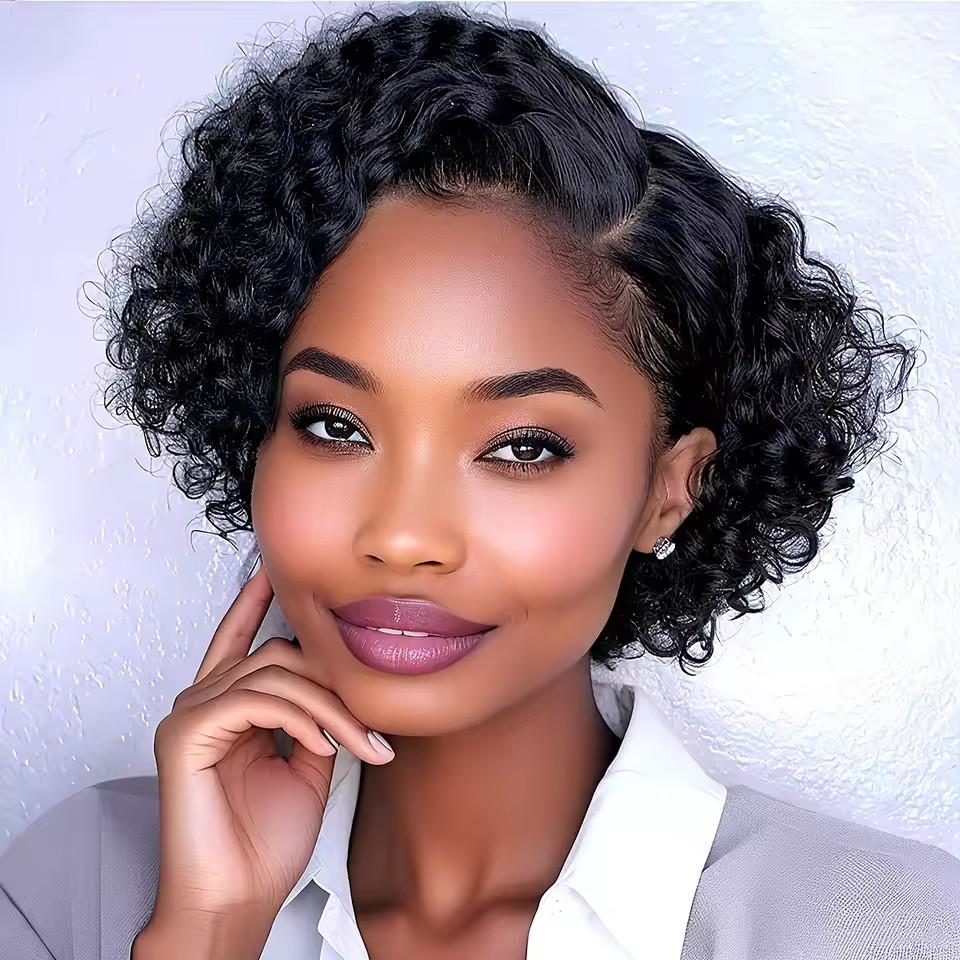 【Wholesale 2-3-5pcs】 Short Curly Layered Human Hair Wig 13x1 T Part Lace Pixie Cut Wig Black Color