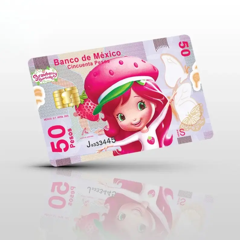 2 PACK 50 Pesos Strawberry Shortcake Debit Card Skin/Sticker - High Quality Vinyl for Customization and Personalization