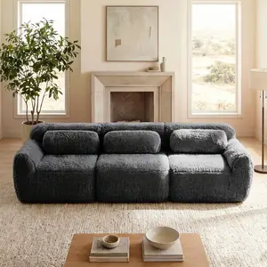 114'' Soft  Fluffy Plush Fabric Modular Sectional Sofa Couches Ergonomic Design With Ottoman  Throw Pillows Full-compression Vacuum Packaging Buckle Connection For Study Home Theater Dark Grey and