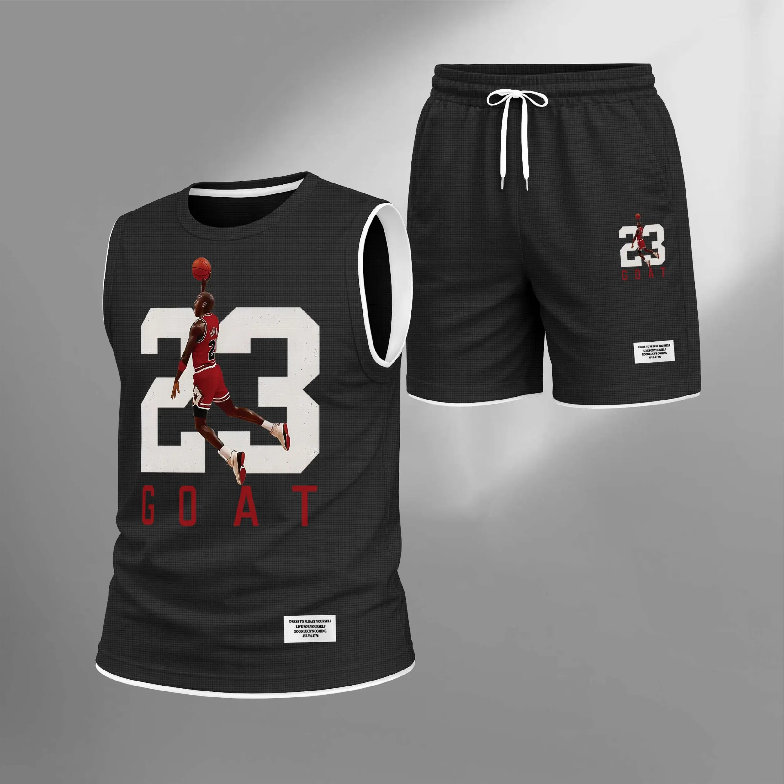 Men's 23-Print Sleeveless Crew Neck Basketball Jersey Set - Breathable Lightweight Waistband Shorts, Contrast Trim Athletic Set with Athletic Bottoms, Gym Outfits Gymwear for Daily Casual, Vacation, Sports Set