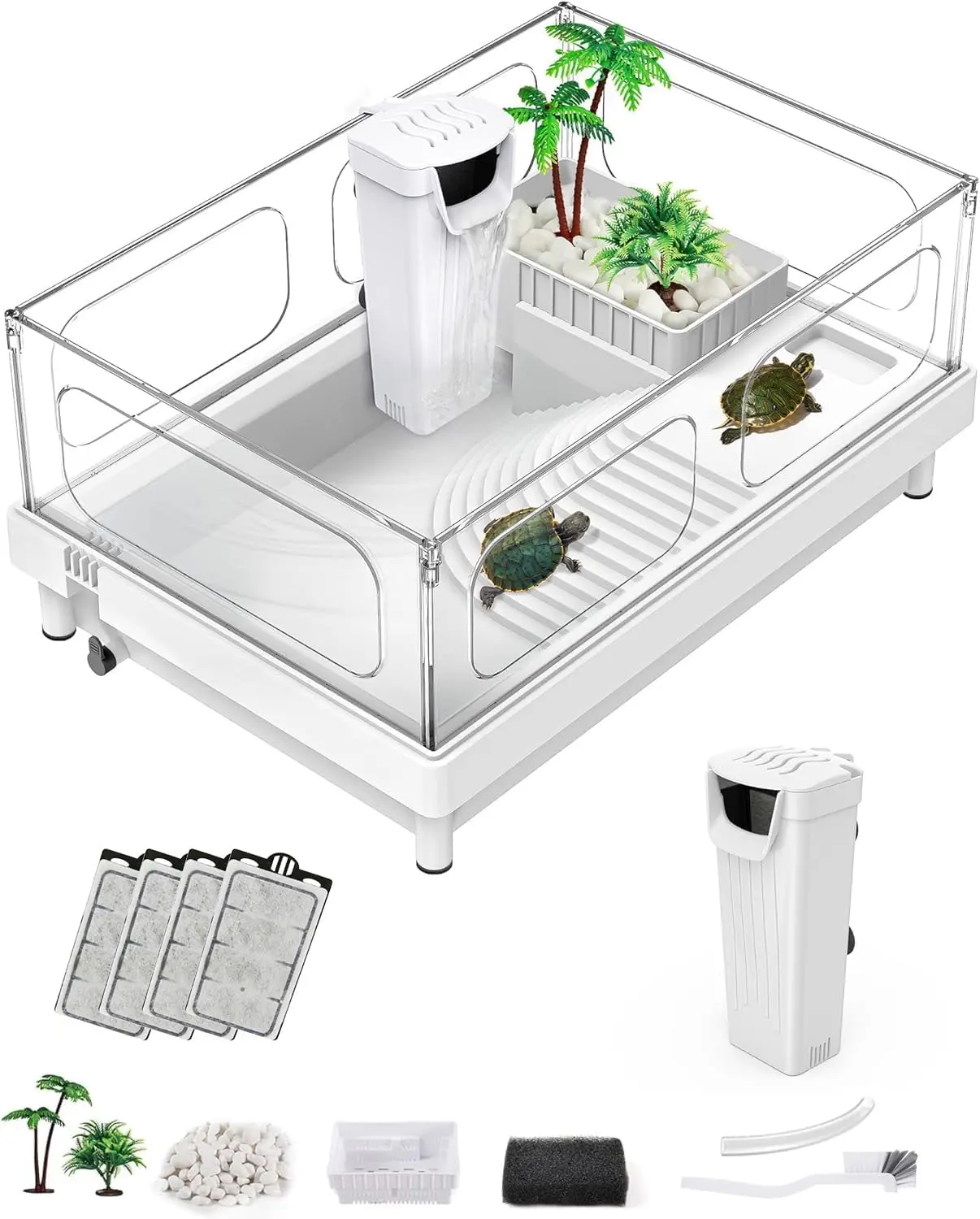 Small Turtle Tank with Filter, Turtle Aquarium, Acrylic Turtle Terrarium with Basking Platform, Bottom Drainage, Multi-Function Areas for Turtles, Crayfish, Small Reptiles.(Tank+Filter)
