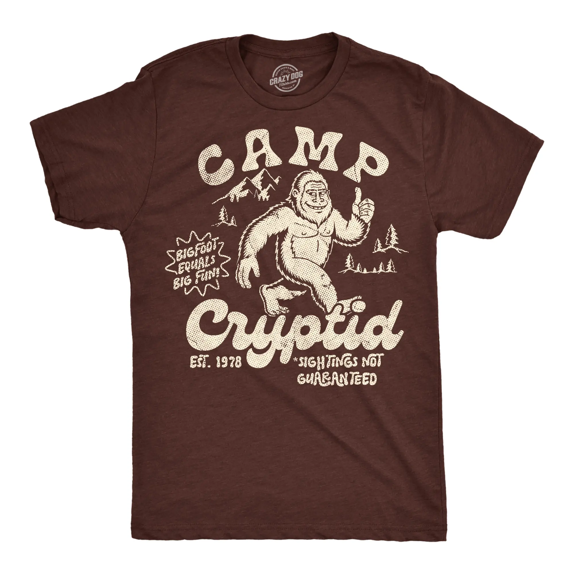 Mens Funny T Shirts Camp Cryptid Sarcastic Bigfoot Graphic Novelty Tee for Men Mens Funny T Shirts Cool Vintage Fashion T-Shirt Gift Classic Menswear Sarcastic Apparel for Men Funny Camping Short Sleeve Novelty Brown -