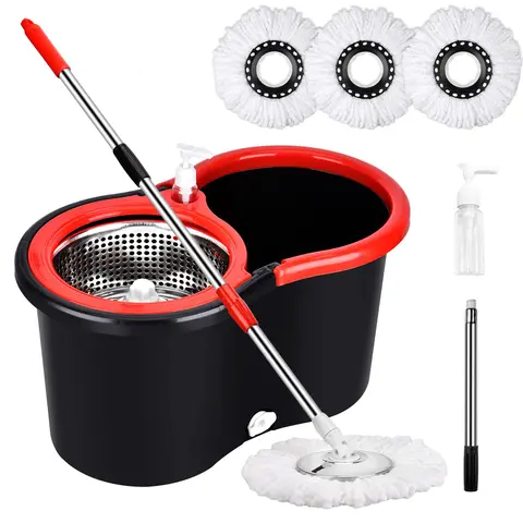 Rotating Mop Bucket Set with Bucket, Stainless Steel-Plastic Polyester Wringer Kit, 360-Degree Rotation System, Adjustable Extendable Long Handle, 3 Microfiber Heads, Easily Attracts and Locks In Dirt, 20QT Black for Home/Office Floor Cleaning