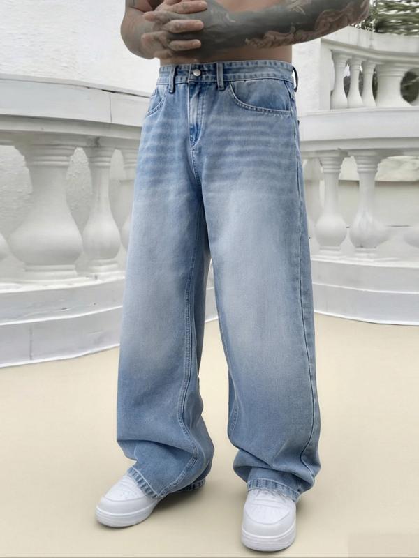 Men's Vintage Washed Denim Jeans, Basic Loose-Fit Wide-Leg Style, American Streetwear Trendy Look, Cotton Fabric, All Seasons