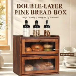 Bread Box for Kitchen Countertop Wooden Bread Storage Container Bin 2 Layer Breadbox Holder Large Capacity Keeper Vintage Farmhouse Food Organizer Pantry Shelf Acrylic Window (Brown)