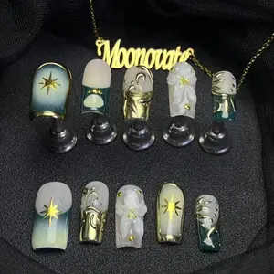Moonovate | WONDERLAND 10pcs Handmade Press On Nails Square Nails REUSABLE 3D Gel Fake Nails Acrylic Press On Nails											