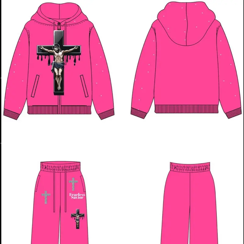 FEARLESS SAVIOR RHINESTONE SET Pink Hoodie & Jogger Set with Cross Design for Men and Women