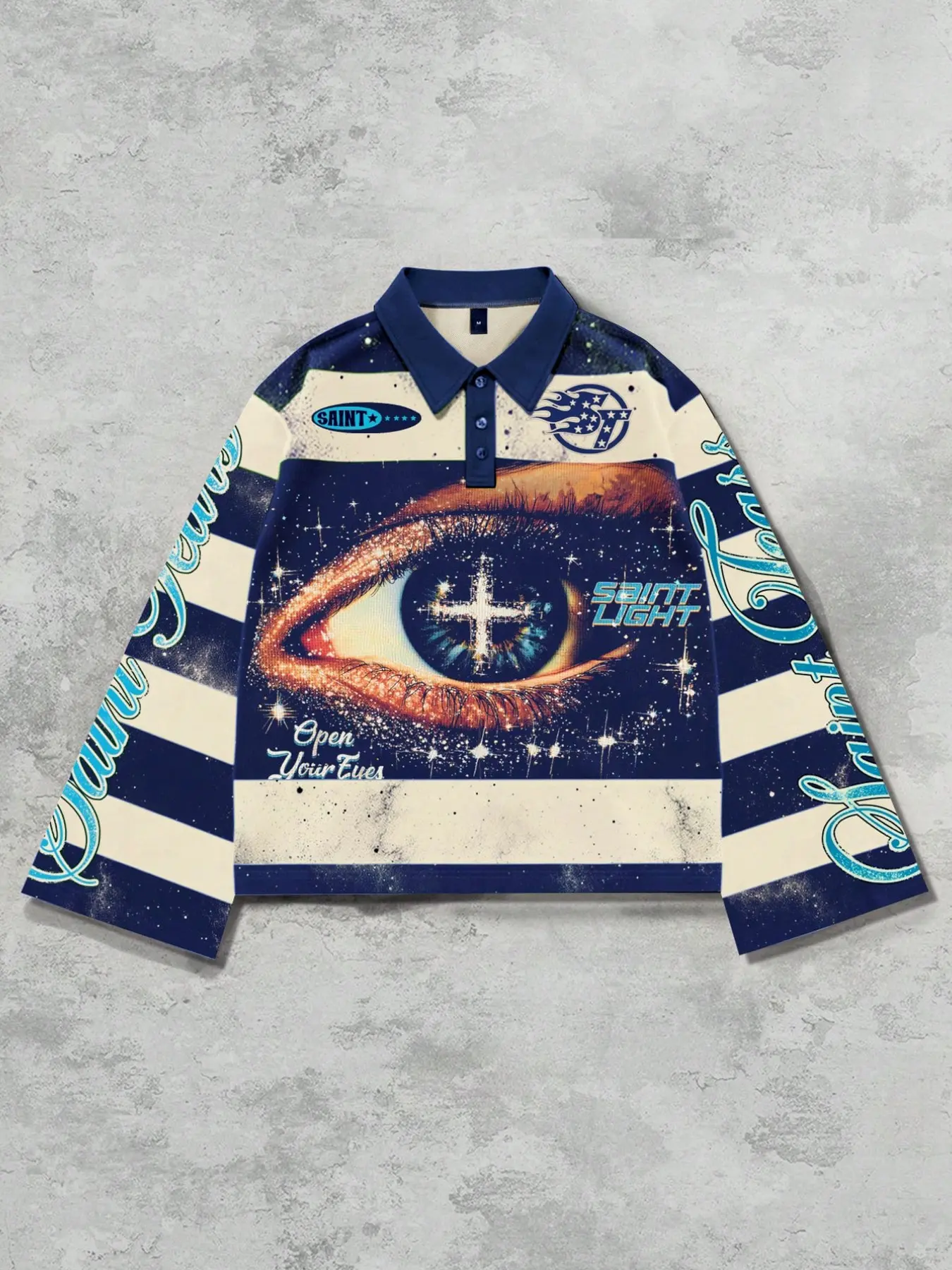 Eye starry sky striped Polo collar long sleeved T-shirt, flared sleeves with eye print stripes POLO shirt long sleeved casual and fashionable T-shirt suitable for both European and American men and women Menswear Striped Polo Neck Collared Polo Shirts