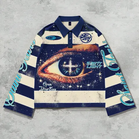Eye starry sky striped Polo collar long sleeved T-shirt, flared sleeves with eye print stripes POLO shirt long sleeved casual, Trendy casual T-shirt suitable for men and women Striped Polo Shirts
