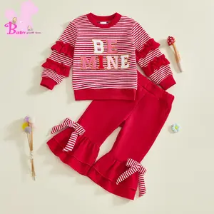 Toddler Valentine's Day 2 Piece Outfits Letter Embroidery Long Sleeve Crew Neck Tops and Elastic Waist Flared Pants Set