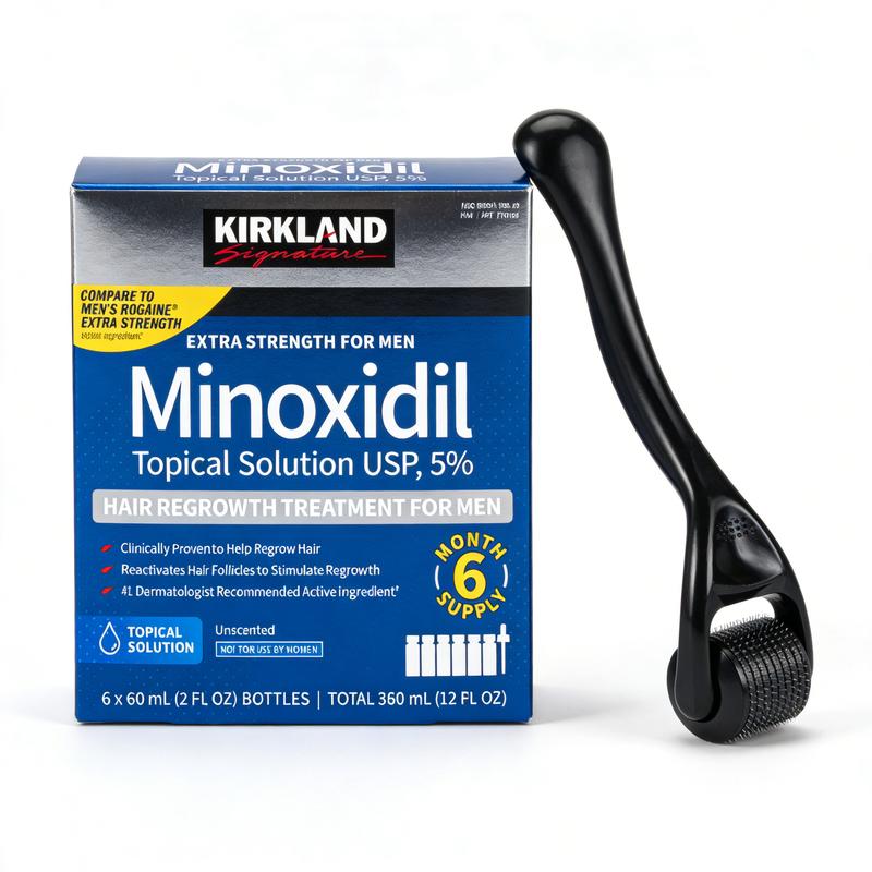 Kirkland Minoxidil 5% Extra Strength 1 to 6 MonthsSupplyWith DermaRoller 0.5MM Men's Hair Growth SerumHairCareDaily Pack Frizz Comfort