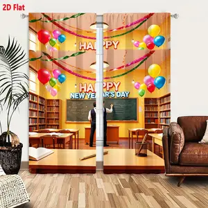 2D Flat 2-Pack Happy New Year Decorative Curtains for Classroom, Yellow Wall & Festive Streamers Style, Blackout Drapes with Hanging Lights & Balloons Design, Ideal for School Celebration Decoration