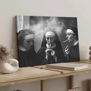 1Count Wooden Frame Canvas, Cool Smoking Nuns Black And White Images, Exquisite Poster, Fashion Bedroom Decoration, Modern Art Home Poster, Waterproof High Definition Printing, Ideal Gift, Art