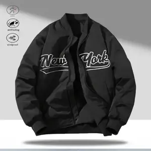 A men's baseball collar jacket with a casual style, featuring a stiff and well structured baseball collar, shiny metal zipper, delicate embroidered lettering, and clear fabric texture. The overall design exudes quality from concept to material, making it