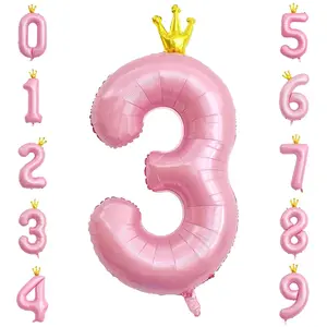 40 Inch Crown Pink Number 3 Balloon, Big Conjoined Baby Pink Foil Mylar Helium 3 Balloon For Girls 3Rd Birthday Party Decorations Pink Princess Theme Party Decorations Supplies Anniversary Decor