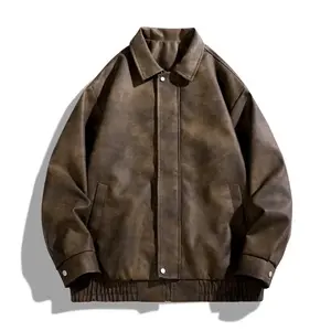 Academic Style American Vintage Solid Color Niche Design Motorcycle Flight Jacket PU Leather Coat Turn-down Collar Casual Loose Versatile Unisex Jacket Outerwear Long Sleeve Classic