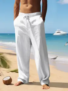 Men's Linen Straight Leg Casual Pants, Elastic Waist Drawstring Long Pants, Lightweight Breathable Beach Shorts for Vacation & Home Wear