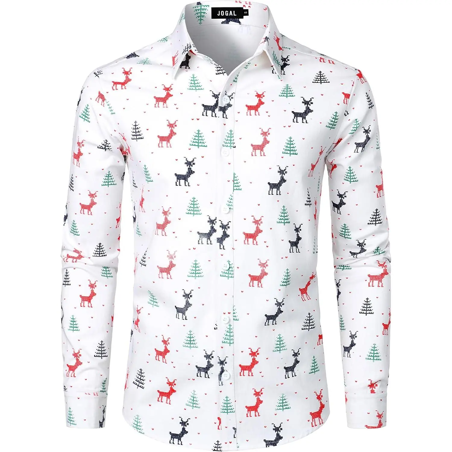 JOGAL Men's 100% Cotton 6oz Midweight Long Sleeve Button-Down Christmas Shirt, Regular Fit, Fun Print, Casual, Party Wear, Fall Holiday Top
