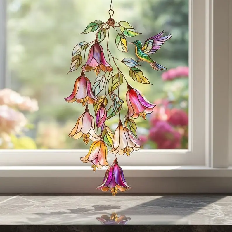 Exquisite Acrylic Suncatcher, Hummingbird And Bell Flowers, Faux Stained Glass Window Art, Indoor Outdoor Garden Decor