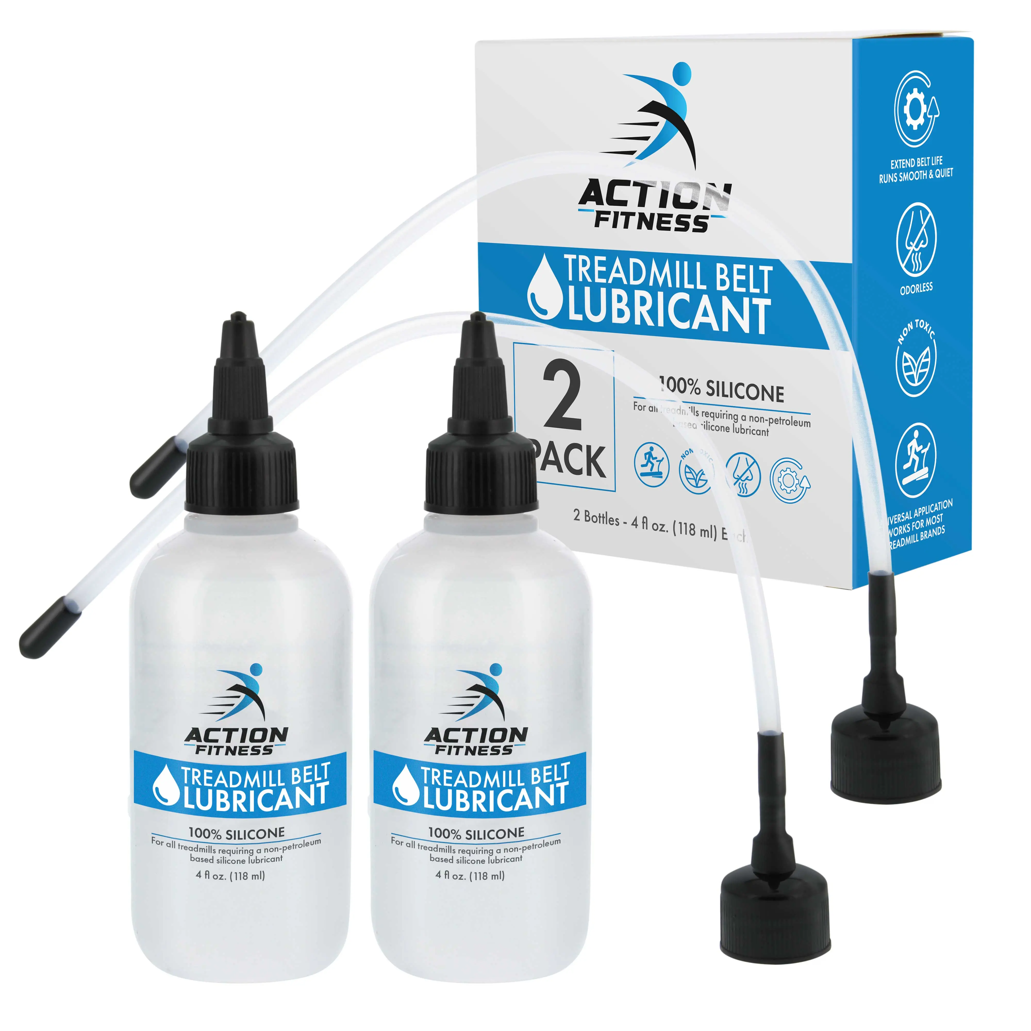 100% Silicone Treadmill Lubricant for Belt Maintenance (2 Pack) - 4oz Bottles, Dual Applicators for Easy Lube Application - Extends Life, Smooths Operation