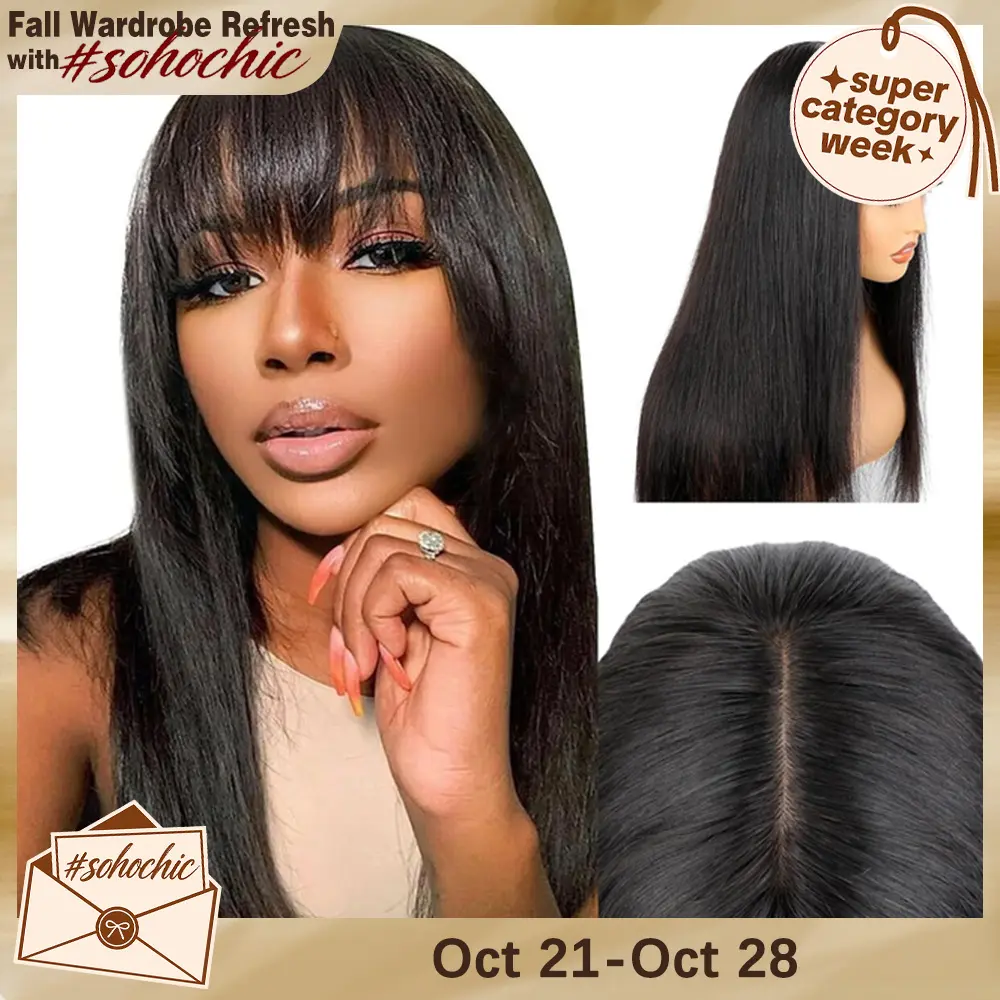 [New In Upgrade With Drawstring] Mamushow Straight Wigs with Bangs Human Hair 2x4 Lace Wig with Drawstring 180% Density Middle Part for Black Women Glueless Machine Made Wigs #tiktokshopstockup#SohoChic