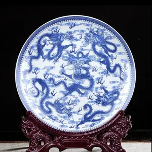 Replica Ceramic Plate Qing Dynasty Blue and White Five Dragon Design Household Collectible Display Piece