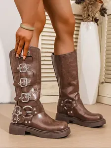 Women's Fashionable Solid Color Buckle Decor Block Heel Boots, 2024 New Style Casual Comfortable Retro Boots for Daily Wear, Trendy All-match Boots for Fall & Winter, Winter Warm Boots