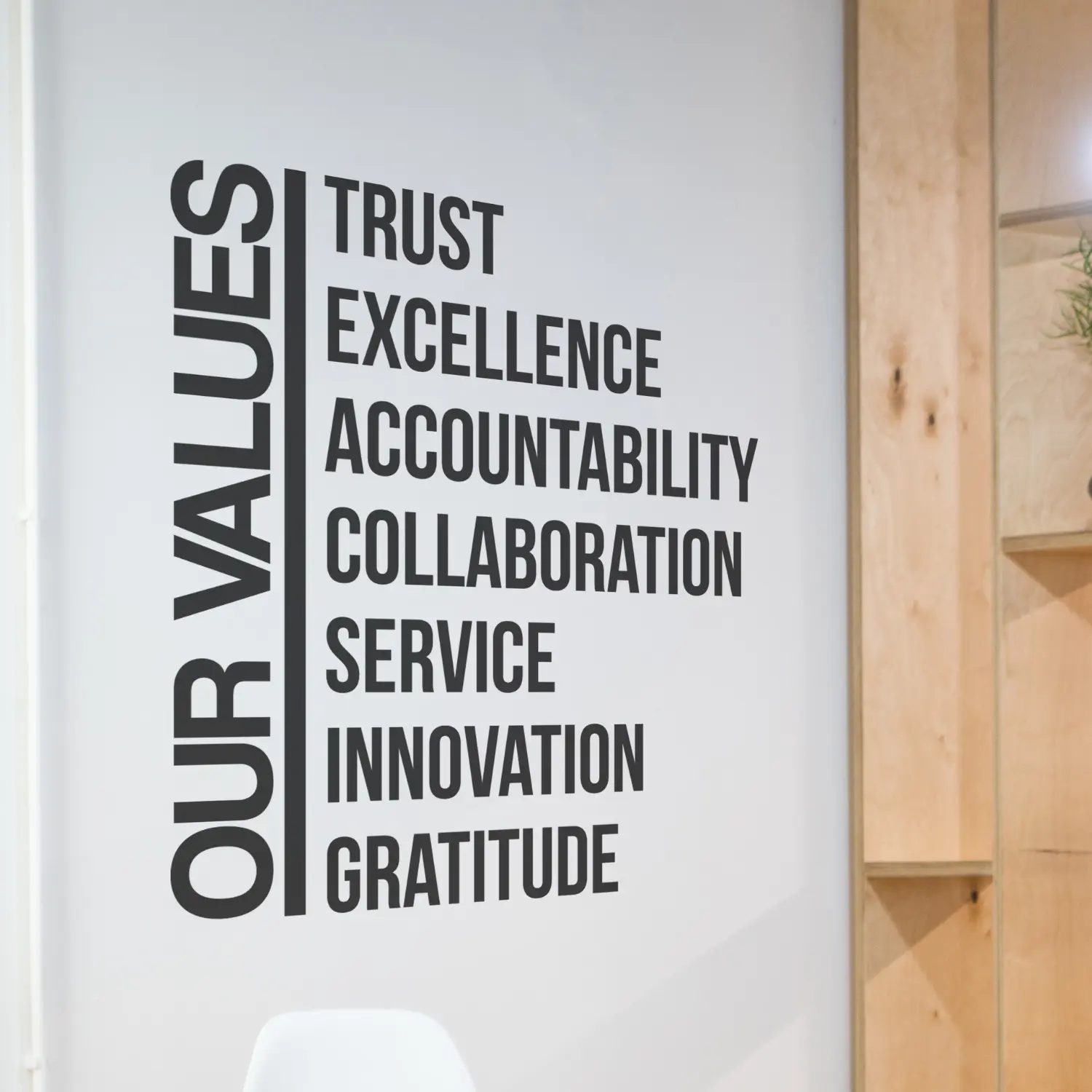 Inspirational Values Removable Vinyl Wall Decal - Minimalist Font Decorative Quote Sticker, Easy-Apply Easy-Remove Home Office Decor for Conference Rooms