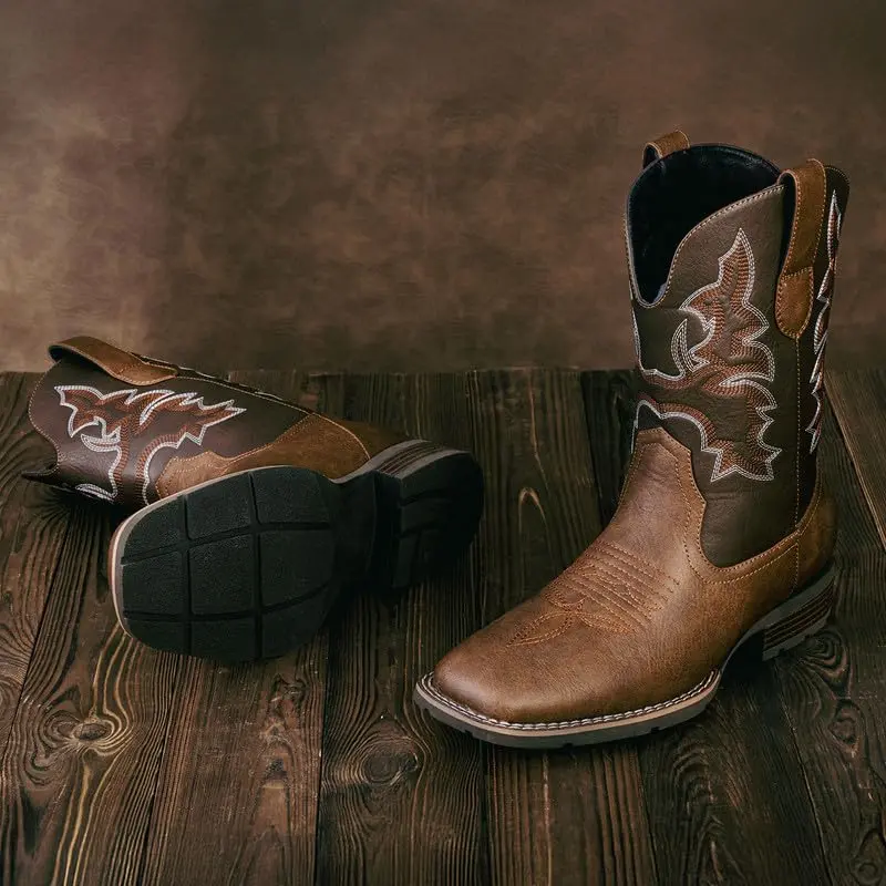 【Rodeo Boots】Men's Two-Tone Western Cowboy Boots - Brown & Dark Brown Faux Leather with Contrast Embroidery, Square Toe & Block Heel | Trendy Country, Casual & Rodeo Footwear for TikTok Fashion-Forward Guys