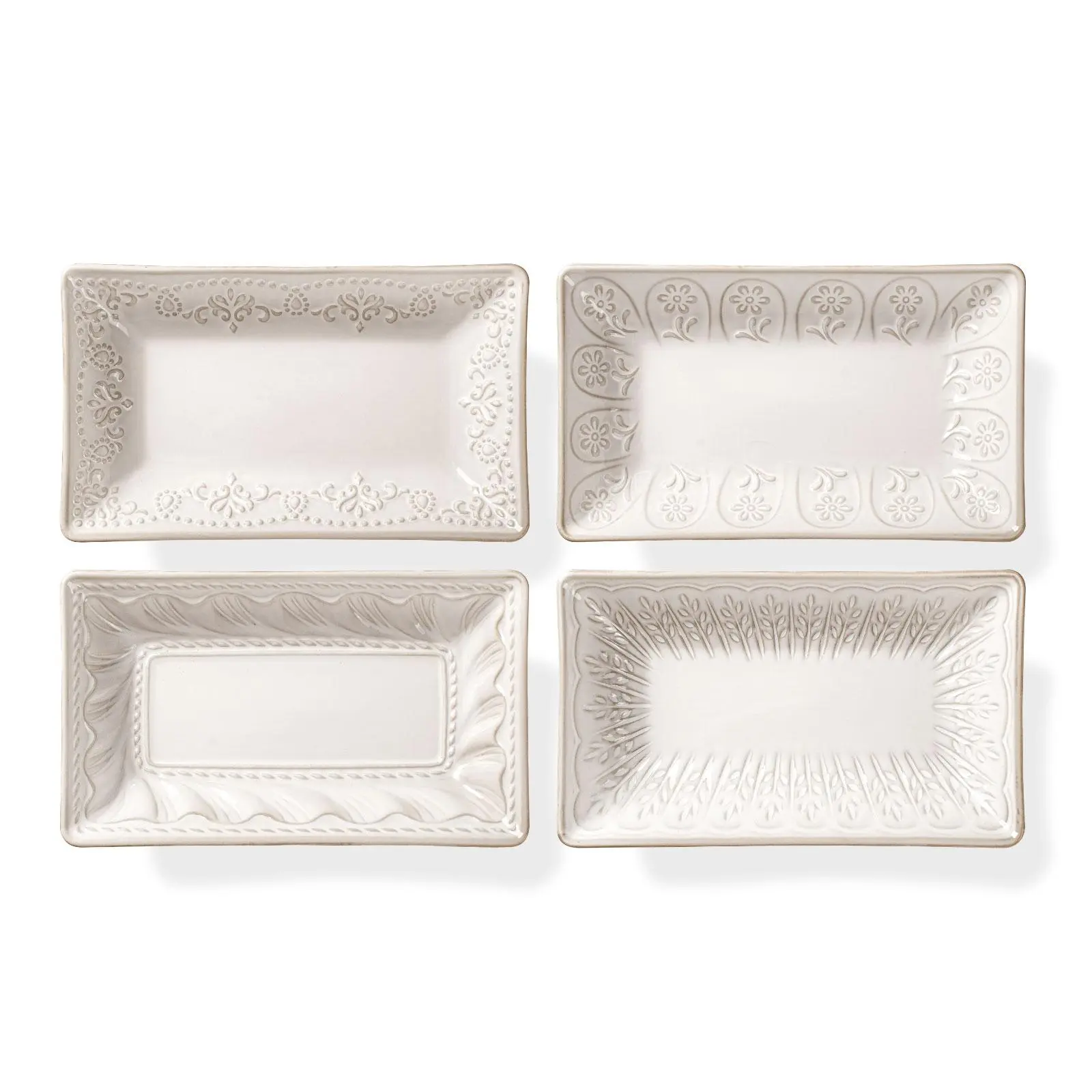 Artisanal Sturdy 4-Pc 8.25in Rectangular Glossy Ceramic Dinner Plates Set, Textured Rim, Multiple Patterns-8.25inch, Oven & Microwave Safe, Salad Plates, Ideal for Holiday Gifts, Salad Serving Plates