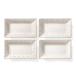 4-Pc 8.25" Deep Rectangle Ceramic Appetizer Plates | Textured Rim (Microwave Safe) | Serving Dishes for Appetizers, Dessert, Pasta & Sushi