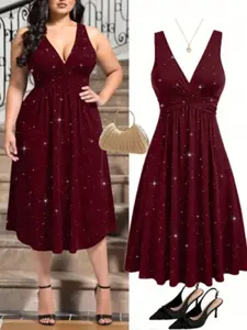 Elegant Plus Size Women's Dress with Sparkle Details, V-Neck Waist Pleats Knit Design, Perfect for Special Occasions