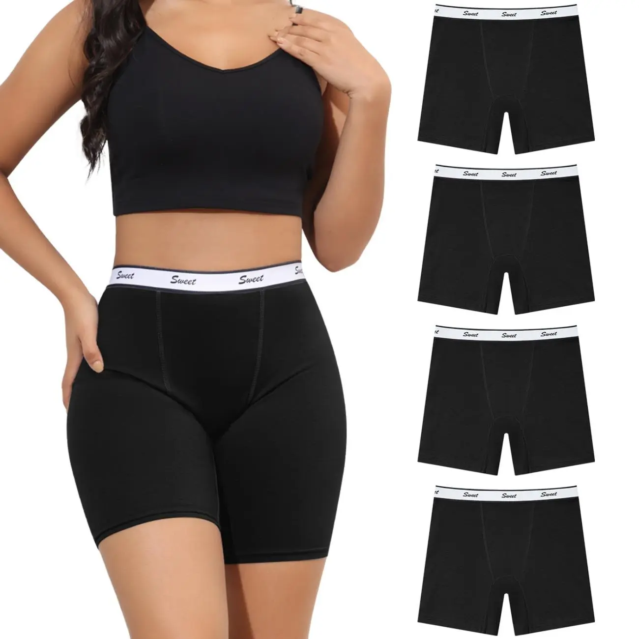 Women's 4 Pack Cotton Boxer Briefs, Seamless High-Waist Panties, Soft Stretchy Fabric with Elastic Waistband for Sports, Spandex
