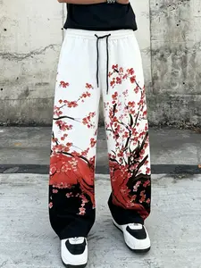 Men's Japanese Style Cherry Blossom Print Pants, Gradient, Loose Wide Leg, High Waist, Adjustable Drawstring, Casual Streetwear