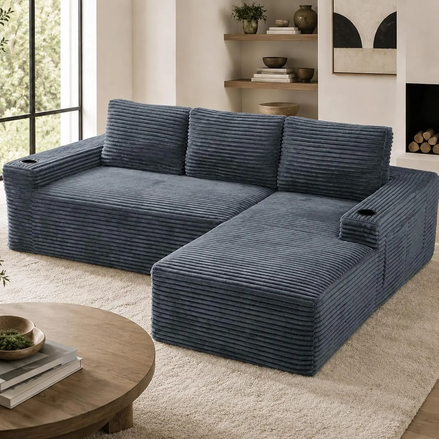 104” Modular Sectional Couch Cloud Sofa with Deep Seat, Modern L-Shaped Sofa with Chaise & Cup Holders, Upholstered Boneless Couches for Living Room,No Assembly Required (Corduroy Fabric)