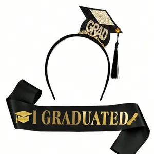2PCS/set Graduation Shoulder Strap & Headband, Party Decoration, Party Event Props, Party Accessory, Grad Photo Props, Bachelor Cap, Doctoral Hat, Black Sash, Satin Tassels, Tiaras For Grad Party Supplies & Dress Up Favor