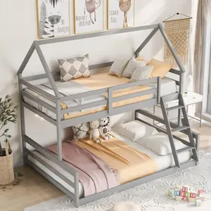 【Bellemave】Twin over Twin/Twin over Full  Low Bunk Bed, House Bed with Ladder , Gray(OLD SKU:WF 197808 AAE)