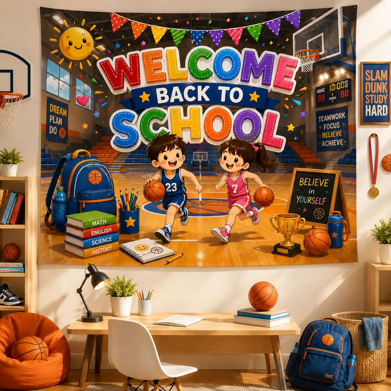 Welcome Back to School Sports Tapestry, Multi Sports Classroom Wall Decor Banner, Soccer Basketball Football Baseball Party Backdrop for Teachers, Kids Room & Dorm