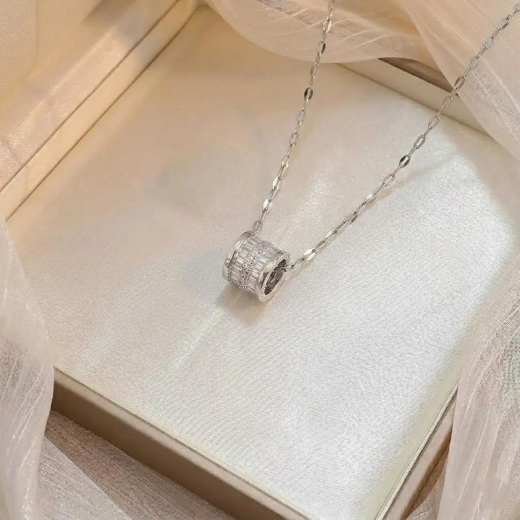 Dainty Silver Cylinder Necklace for Women Baguette CZ Barrel Pendant Necklace Trendy Everyday Layering Chain Jewelry Gift for Her