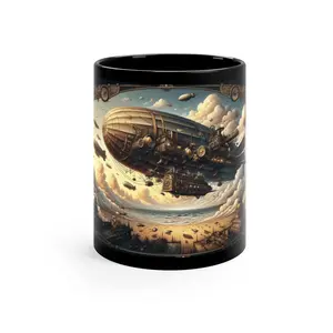 Steampunk Airship Fleet Black Coffee Mug 11oz