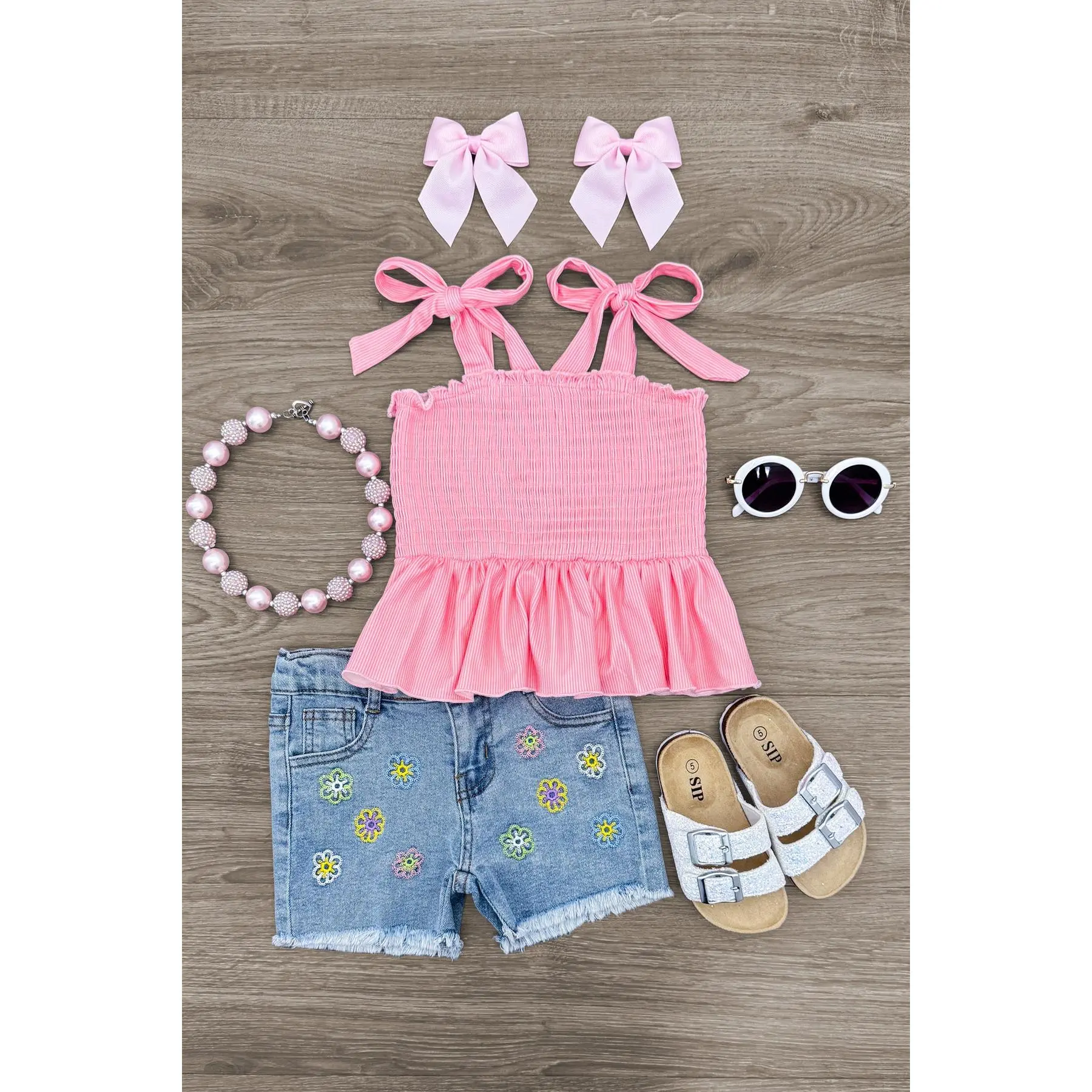 Pink Striped Flower Denim Short Set