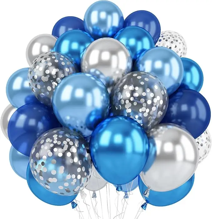 Blue Silver Metallic Confetti Balloon Set, 60 Pack 12 Inch Thick Latex Balloons with Ribbon, for Birthday Graduation Baby Shower Party Decorations