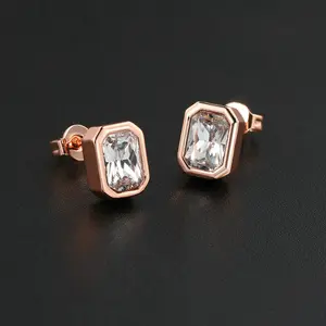 Simple Classic Stud Earrings For Women Multicolour Geometric Square Zircon Rose Gold Color Ear Jewelry  Gifts KCE126