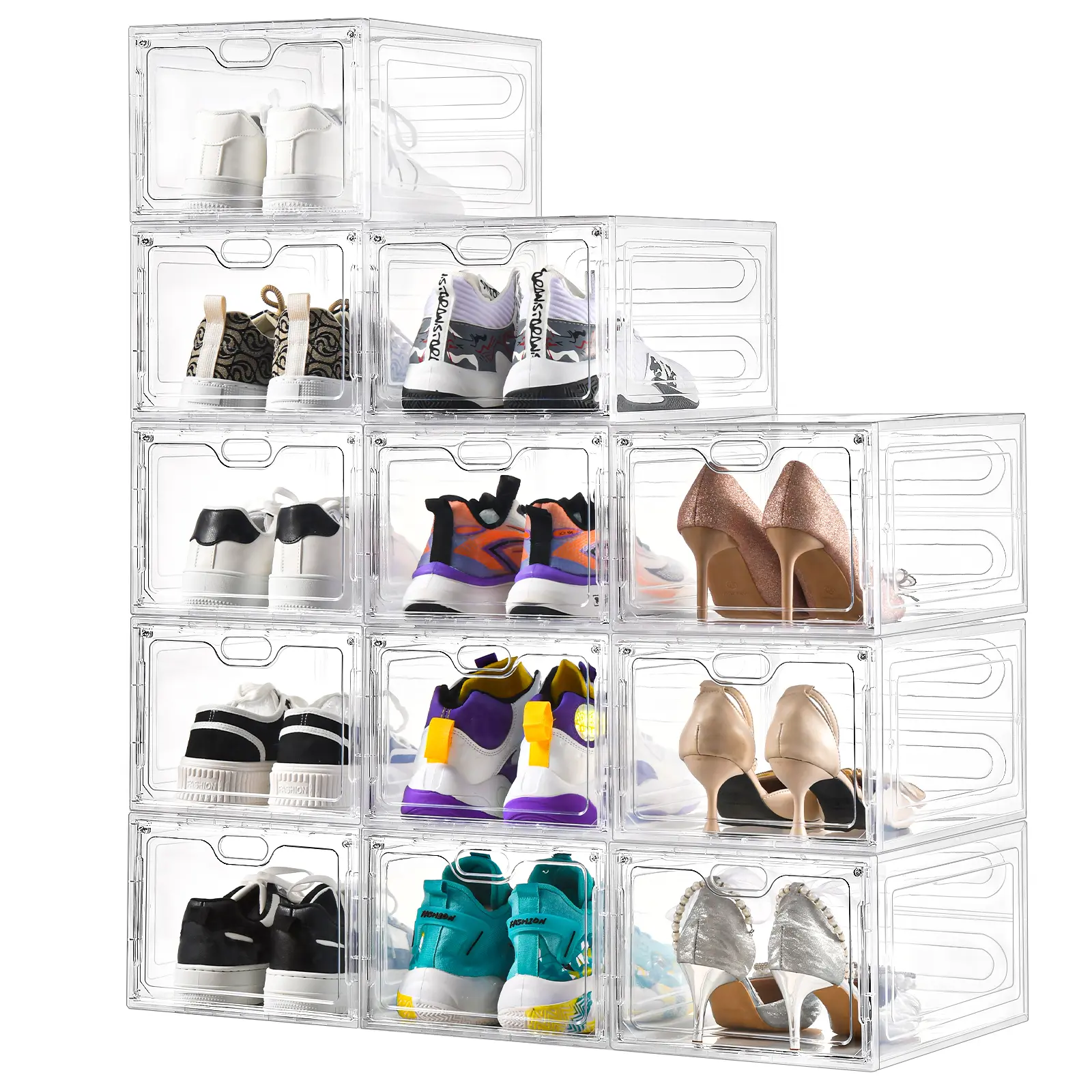 TAYTUU Stackable Plastic Shoe Boxes with Magnetic Doors - Shoe Rack Organizer, Shoe Storage Organization, Easy-Assemble Expandable Rectangle Racks for Sneakers, Boots, Multi-Layer Space-Saving Closet Room Organizer